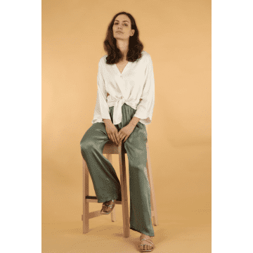 Msh Silk Textured Wide Leg Trouser With Elasticated Waist In Sage Green