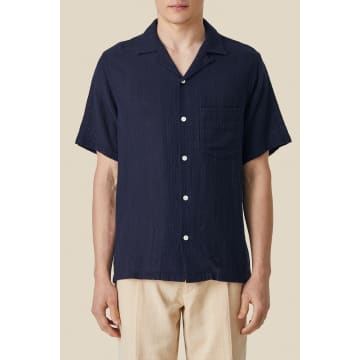Shop Portuguese Flannel Navy Grain Cotton Shirt In Blue