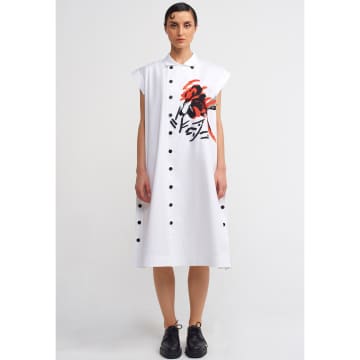 Shop New Arrivals Nu White Shirt Dress With Red Black Motif
