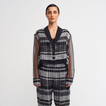 Shop New Arrivals Nu Short Black White Check Jacket With Organza Sleeves