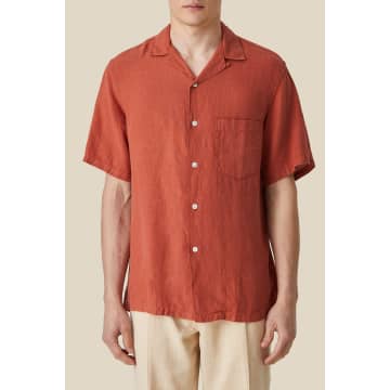 Portuguese Flannel Terracota Linen Camp Collar Shirt In Orange