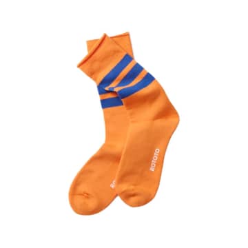 Shop Rototo Fine Pile Striped Crew Socks Orange / Blue