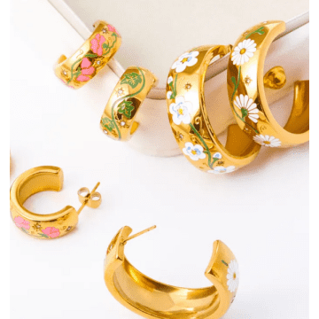 The Forest & Co. Gold Floral Enamel Hoop Earrings In White
