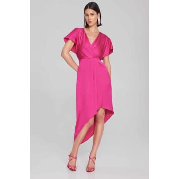 Joseph Ribkoff Satin Asymmetrical Flowy Wrap Dress In Shocking Pink