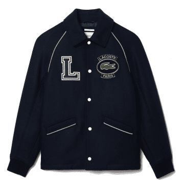 Shop Lacoste Premium Wool Varsity Jacket Badje Navy Blue
