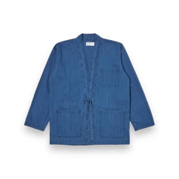 Shop Universal Works Tie Front Jacket Herringbone Denim 30684 Washed Indigo In Blue