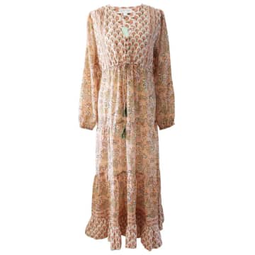Powell Craft Block Printed Peach Floral Cotton Dress 'cora' In Neutral