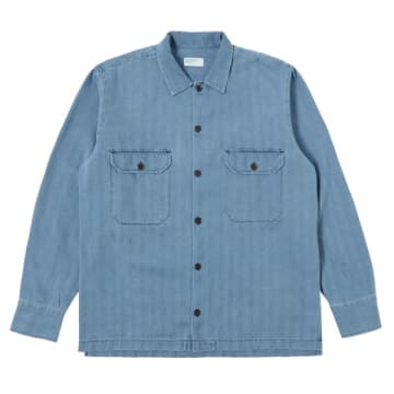 Shop Universal Works Utility Shirt In Washed Indigo Herringbone Denim In Blue