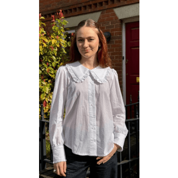 The Well Worn Luna Frill Collar Blouse In White Lilac Stripe By