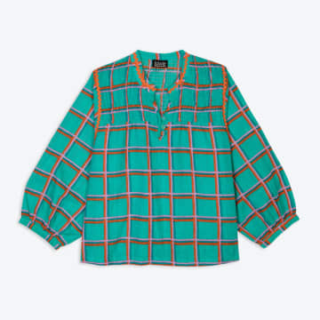 Lowie Aqua Check Collarless Blouse In Blue
