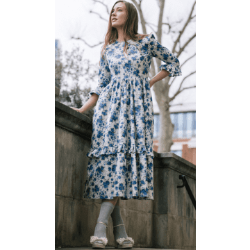 The Well Worn Felicity Dress Round Neck In Blue Rose Print By