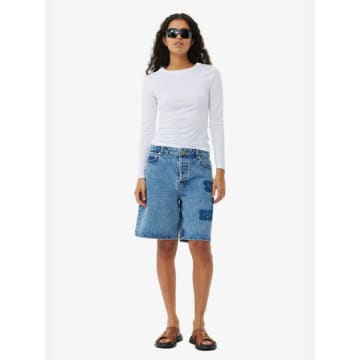 Shop Ganni Patch Denim Shorts In Blue