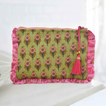 Shop Powell Craft Green Quilted Make Up Bag With Pink Ruffle Trim