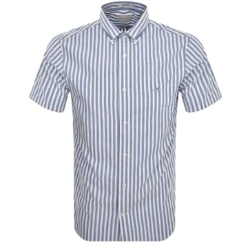 Shop Gant Regular Fit Striped Cotton Linen Short Sleeve Shirt In Blue