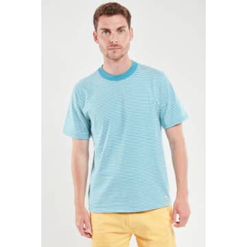 Shop Armor-lux 59643 Heritage Striped T Shirt In Pagoda Blue/milk