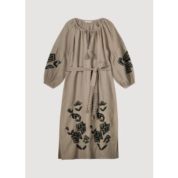 Summum Woman Long Cotton / Linen Dress With Embroidery In Gray
