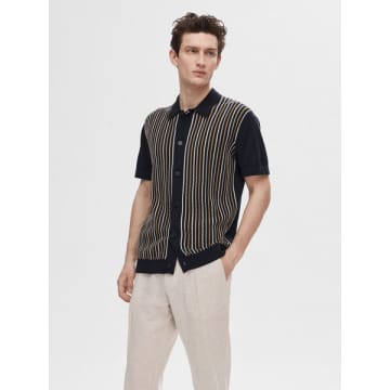Selected Homme Mattis Short Sleeve Knit Cardigan Polo Sky Captain In Multi