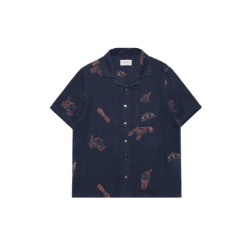 Shop Far Afield Stachio S/s Shirt Menu Embroidery In Navy Iris In Blue