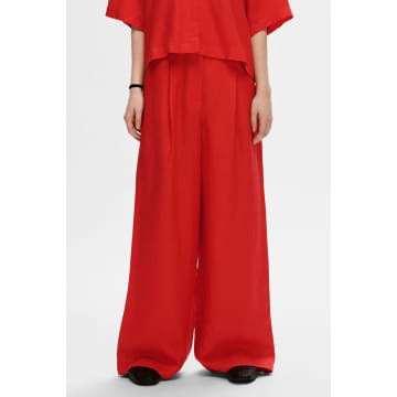 Selected Femme Flame Scarlet Lyra Wide Linen Trousers In Red