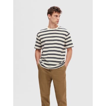 Selected Homme Relax Solo Stripe Tee Sky Captain/egret In Black