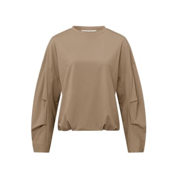 Yaya Top With Crewneck, Long Sleeves & Pleated Details Affogato Brown
