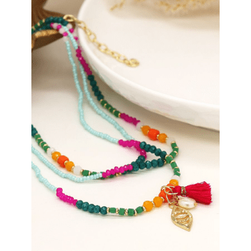 Pom Multicolour Bead Long Necklace In Gold