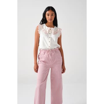 Seventy + Mochi Ecru And Dusty Rose Denim Rose Embroidered Short Sleeve Phoebe Womens Blouse In White