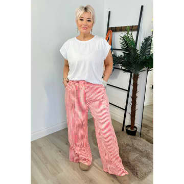 Studio Linen Striped Palazzo Trousers In Red