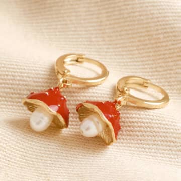 Shop Lisa Angel Enamel Toadstool And Pearl Huggie Hoop Earrings In Gold