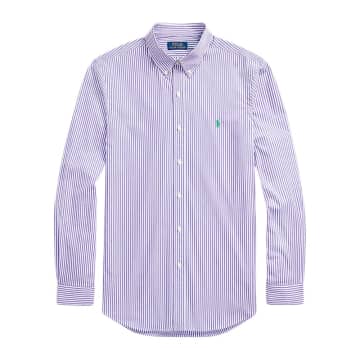 Shop Ralph Lauren Menswear Slim Fit Striped Stretch Poplin Shirt In Purple