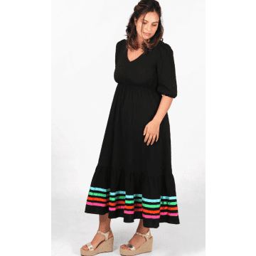 Shop Msh V-neck Puff Sleeve Tiered Ribbon Stripe Cotton Maxi Dress In Black