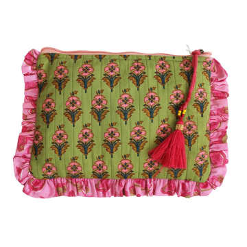 Shop Powell Craft Block Printed Green & Pink Floral Quilted Make Up Bag