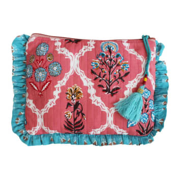 Shop Powell Craft Block Printed Pink & Blue Floral Quilted Make Up Bag