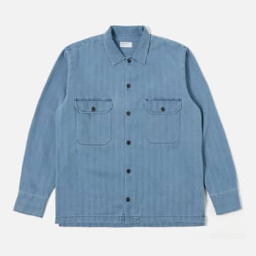 Shop Universal Works Long Sleeved Utility Shirt Herringbone Denim Washed Indigo In Blue