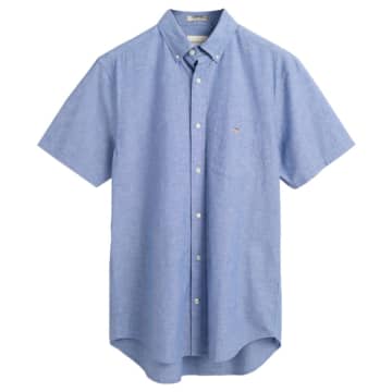 Shop Gant Regular Fit Cotton Linen Short Sleeve Shirt In Blue