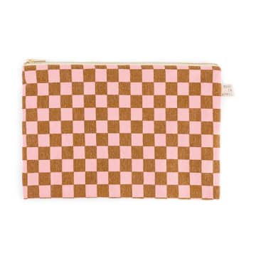 Rose In April Lili Strawberry Check Print Pouch In Brown