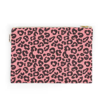 Rose In April Lili Strawberry Black Leopard Print Pouch In Pink