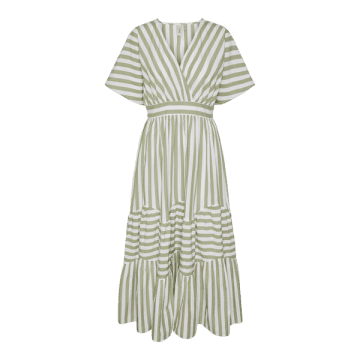 Shop Y.a.s. Roos Long Striped Dress In Green And Cream