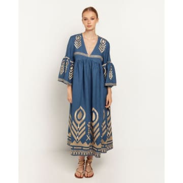 Shop Greek Archaic Long Feather Dress In Indigo With Bell Sleeve And Gold Detail