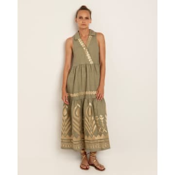 Shop Greek Archaic Sleeveless Long Feather Dress In Tea With Gold Detail