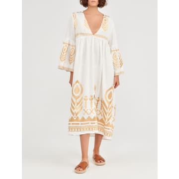 Shop Greek Archaic Long Feather Dress In Natural With Bell Sleeve And Gold Detail