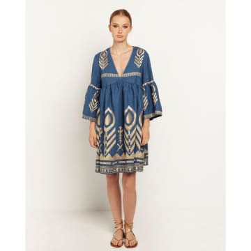 Shop Greek Archaic Short Feather Dress With Bell Sleeve In Indigo And Gold