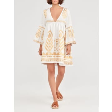 Shop Greek Archaic Short Feather Dress With Bell Sleeve In Natural And Gold