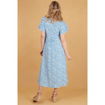 Shop Msh Ditsy Floral Print Short Sleeve Dipped Hem Midi Wrap Dress In Blue