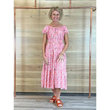 Shop Acl Ditsy Print Bardot Dress Coral In Pink