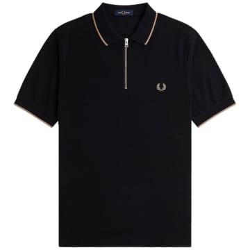 Fred Perry Crepe Pique Zip Neck Polo In Black