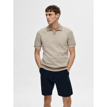 Selected Homme Knit Open Polo In Neutral