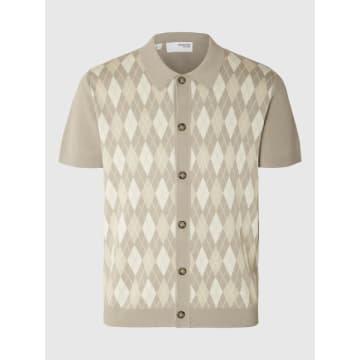 Selected Homme Argyle Knitted Cardigan Polo In White