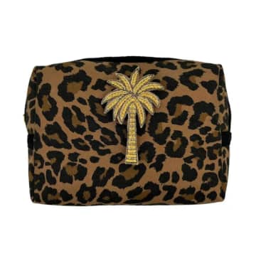 Sixton London Leopard Print Make Up Bag & Gold Palm Tree Pin Large In Red
