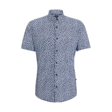 Shop Hugo Boss P-roan-ken Slim Fit Short Sleeve Shirt In Dark Blue Stretch Jersey 50514713 410